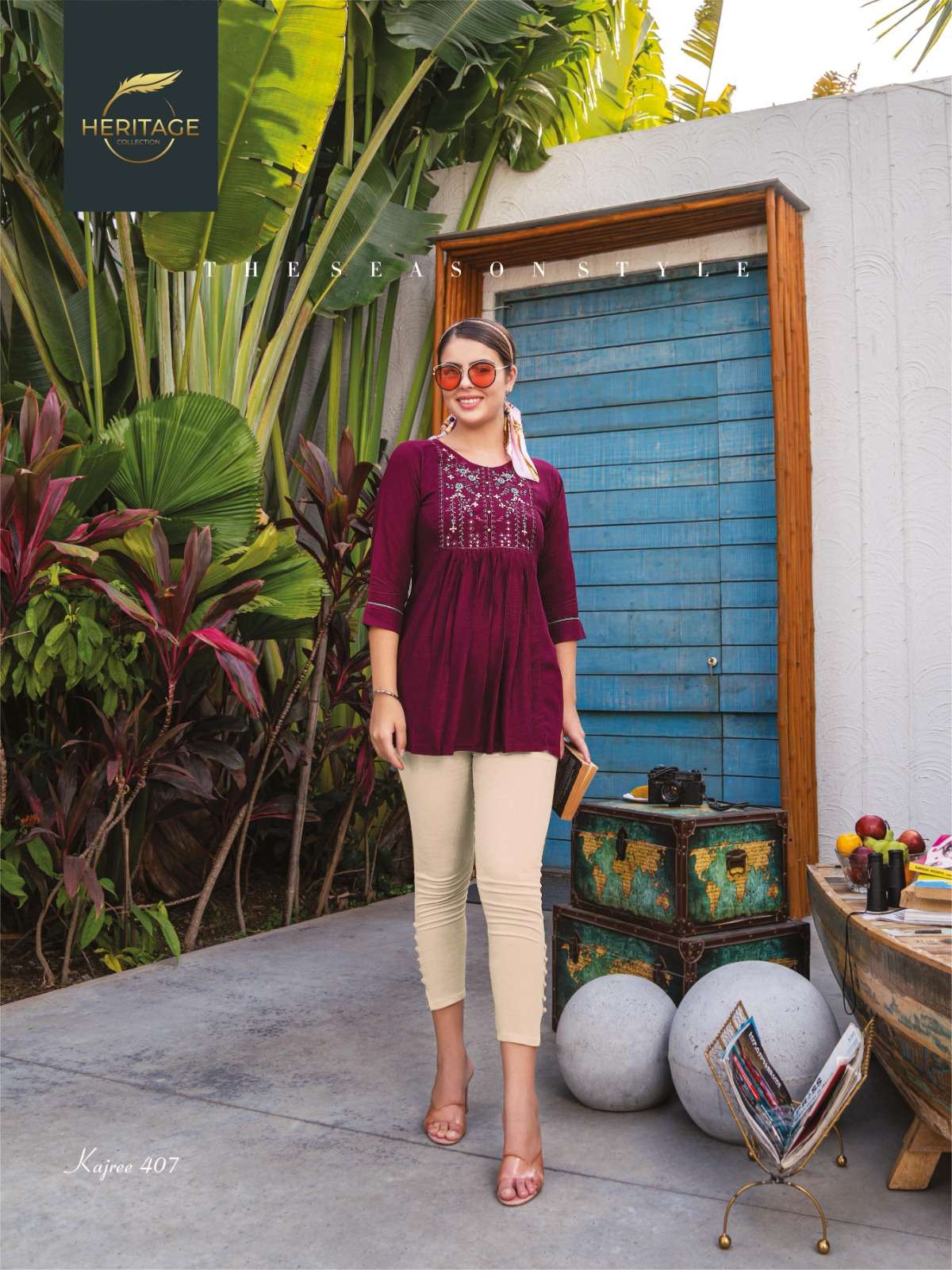 KAJREE VOL 4REYON FABRIC DESIGNER SHORT TOP WITH CONCEPT EMBROIDERY AND DETAILING BY HARITAGE BRAND 407
